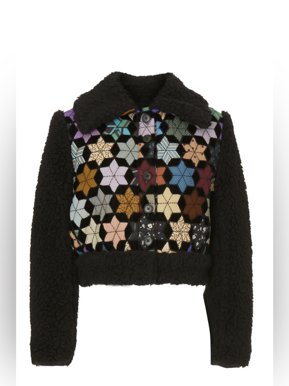 Sea New York Black Teddy Jacket with Multicolor Geometric Patchwork